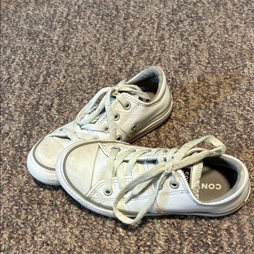 Converse Leather Kids White Low-Top Sneakers with Some Scuffs and Some Staining